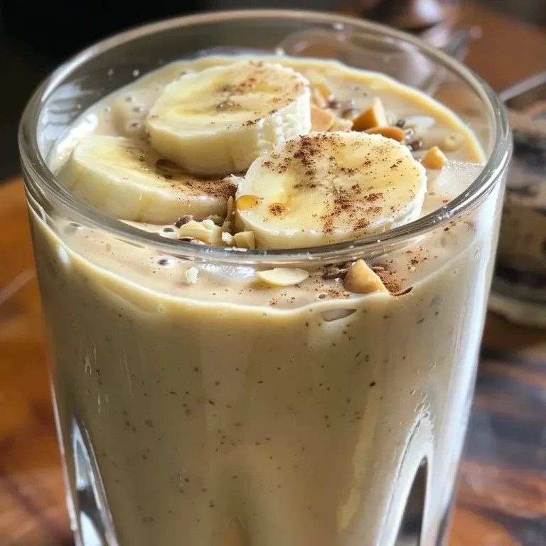 A Blend of Adventure: The Banana Almond Butter Smoothie That Fuels Your Journey Close-up side view of a thick banana almond butter smoothie in a glass with a straw.