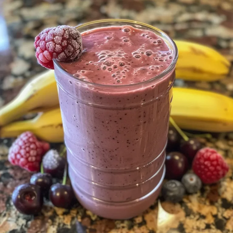 Sipping Sunshine A Journey Through Flavor in a Banana Berry Protein Smoothie A close-up side view of a creamy Banana Berry Protein Smoothie in a clear glass.