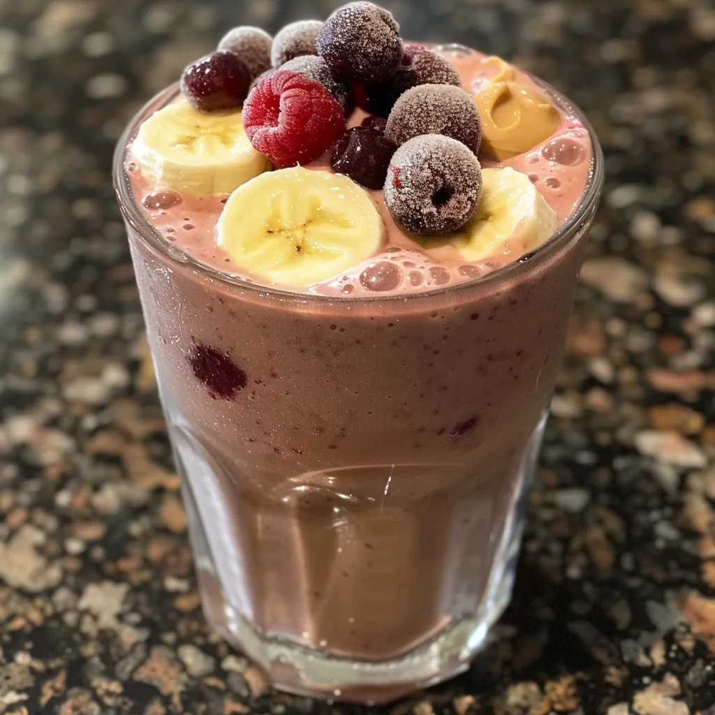 A vibrant smoothie featuring banana and mixed berries, seen from the side.