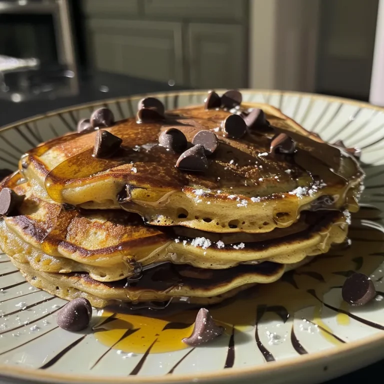 Close-up view of golden banana chocolate chip pancakes stacked high.