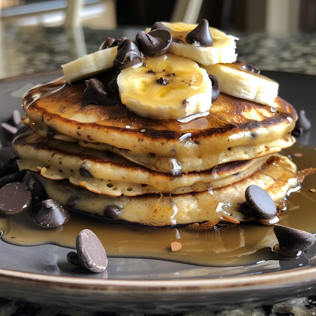 Side view of fluffy pancakes featuring chocolate chips and banana slices.