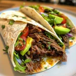 A close-up view of a BBQ beef and avocado wrap cut in half, showcasing the juicy filling.