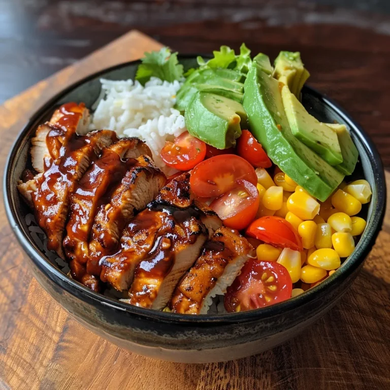 A Flavorful Journey The BBQ Chicken Bowl That Unites Cultures A close-up view of a BBQ chicken bowl featuring shredded chicken, rice, corn, and fresh toppings.