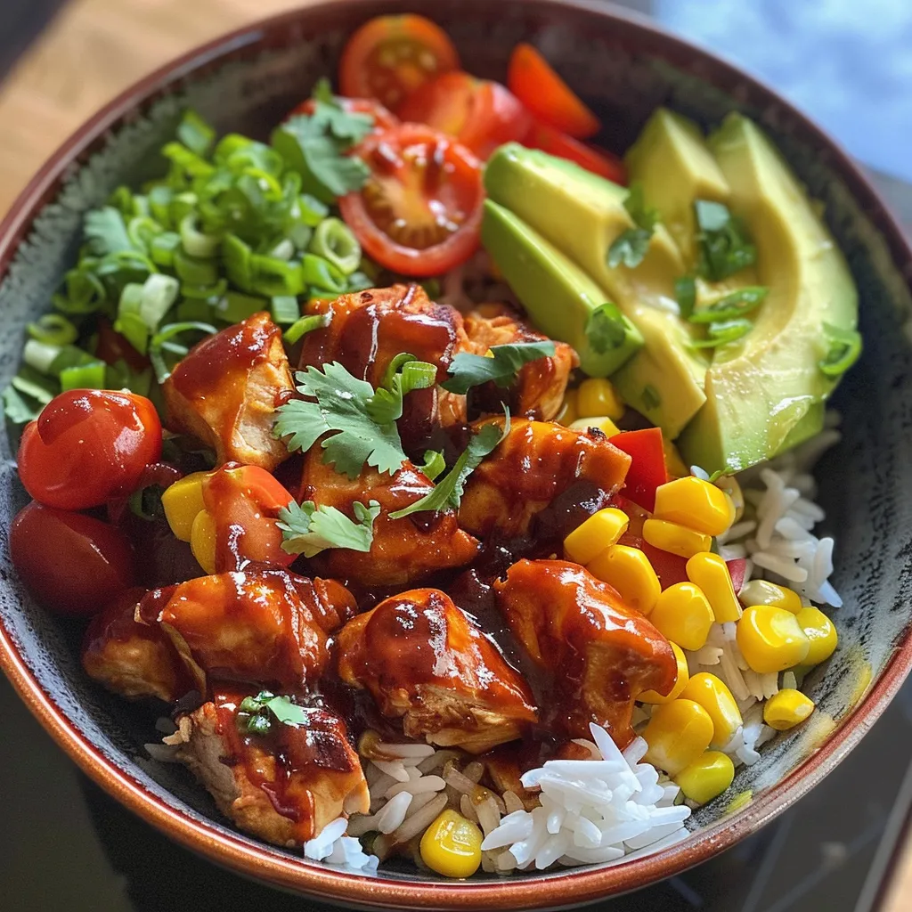 A colorful BBQ chicken bowl filled with shredded chicken, black beans, corn, and avocado in a rustic bowl.