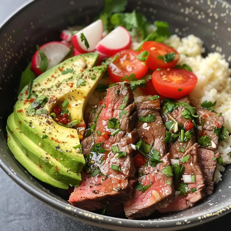 Close-up view of a beef and avocado rice bowl with vibrant ingredients.