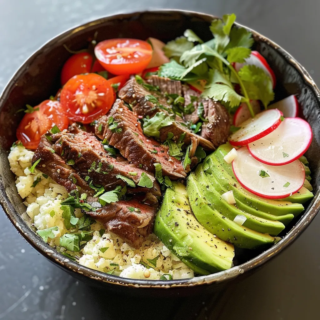 Side view of a delicious beef and avocado rice bowl featuring fresh toppings.