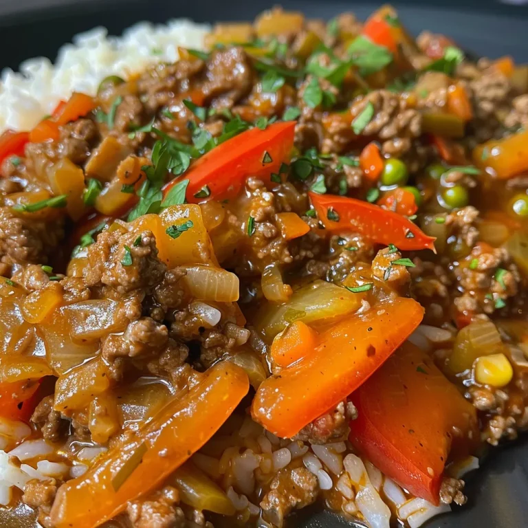 Close-up of a bowl filled with beef and rice topped with colorful diced vegetables.
