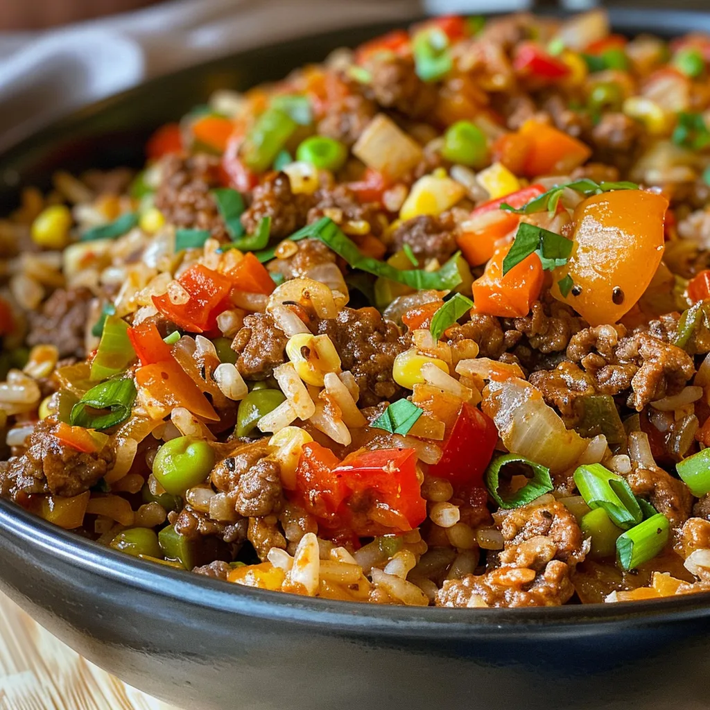 A delicious plate showcasing ground beef, rice, and a mix of vibrant veggies from the side view.