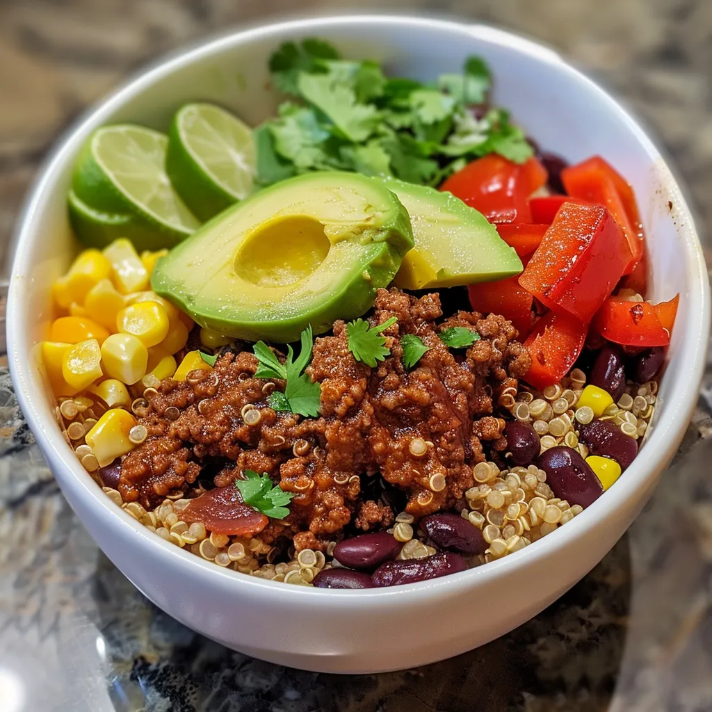 Close-up view of a Beef Quinoa Bowl with vibrant ingredients.