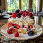 A side view of a Berry Chantilly Cake showcasing layers of berries and cream.