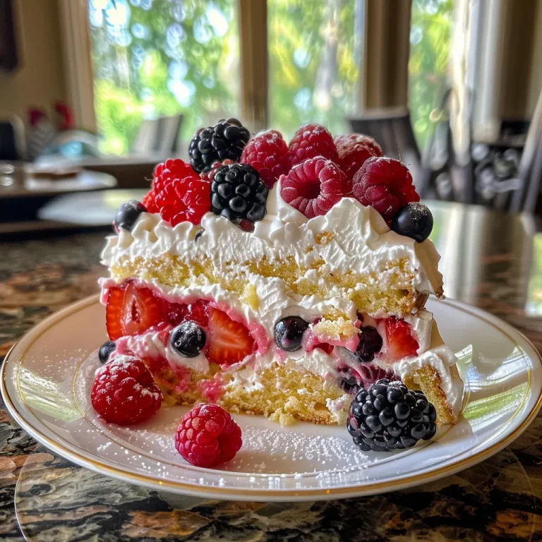 A Slice of Summer Crafting the Perfect Berry Chantilly Cake A side view of a Berry Chantilly Cake showcasing layers of berries and cream.