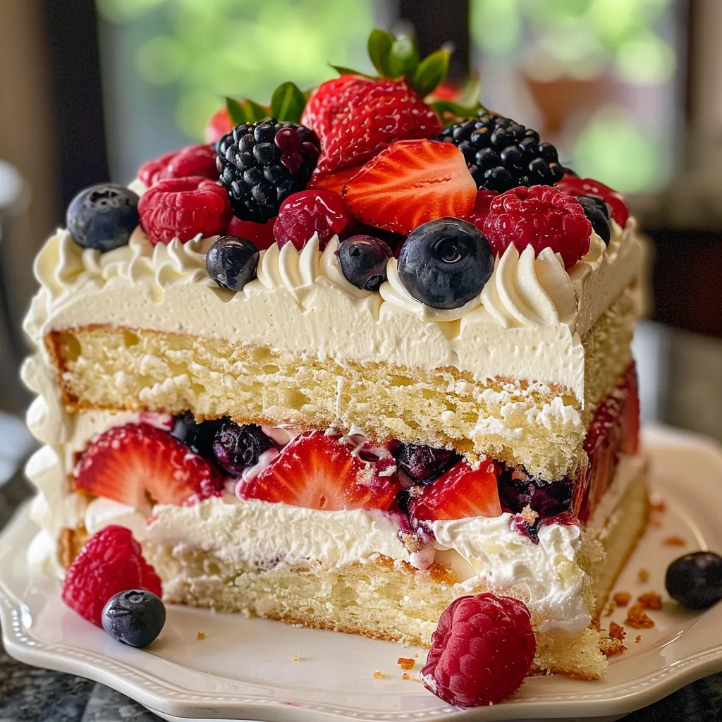 Close-up of a moist Berry Chantilly Cake, highlighting fresh berries and whipped cream.