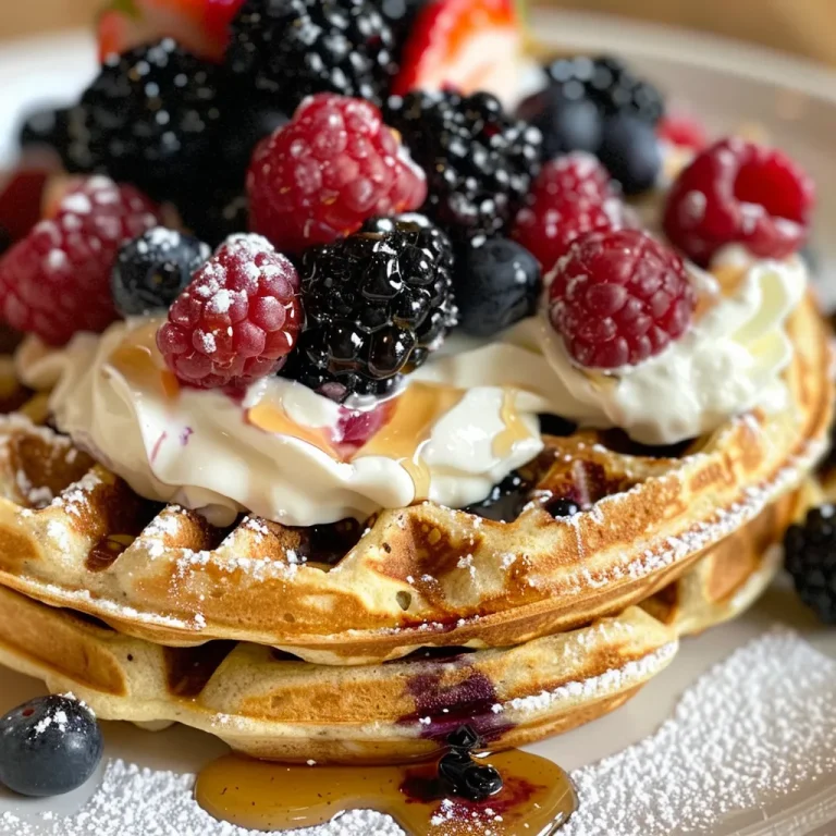 Waffles that Whisper Adventures A Berry-Laden Journey to Flavor Close-up of fluffy berry protein waffles topped with whipped cream and berries.