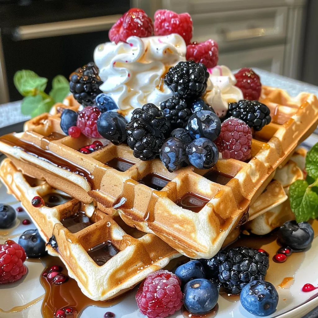 Side view of berry protein waffles drizzled with maple syrup and garnished with fresh berries.