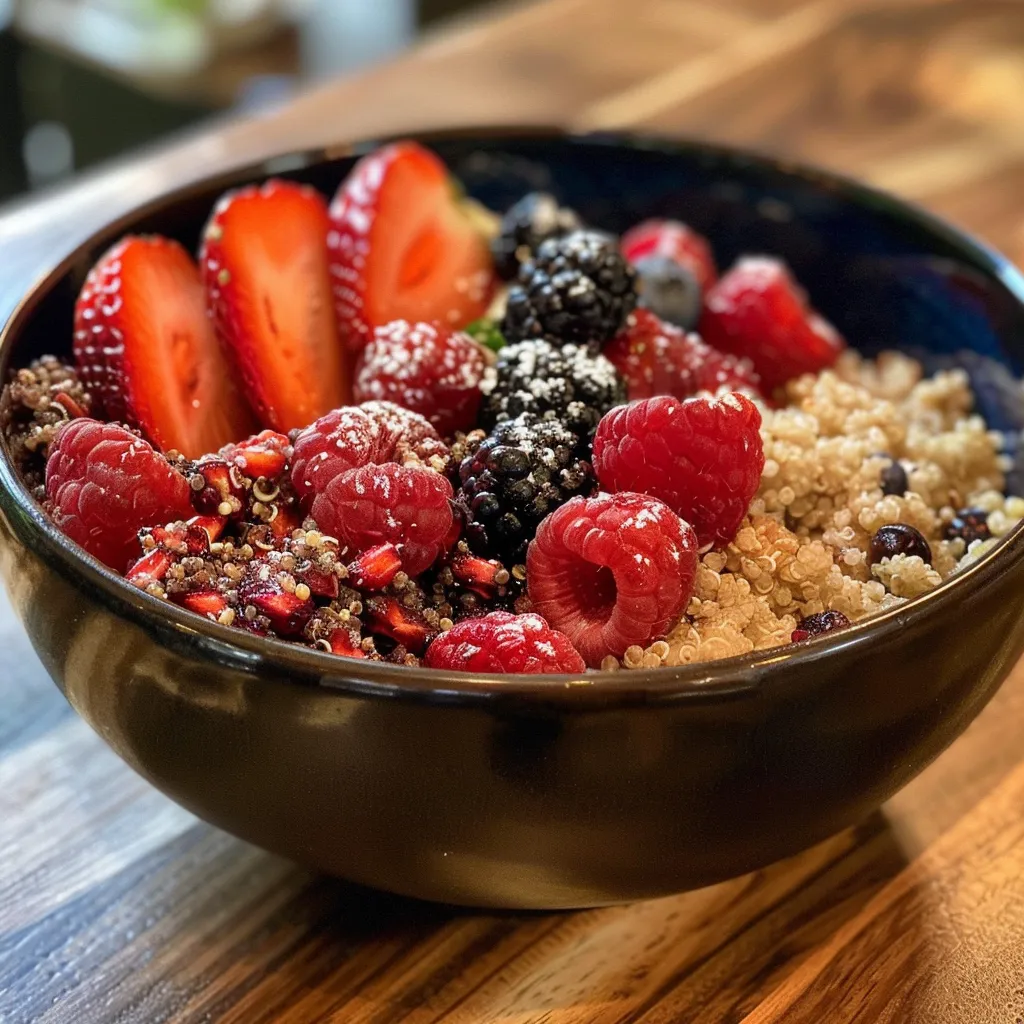 Side profile of a colorful Berry Quinoa Breakfast Bowl featuring a variety of frozen berries and nuts.