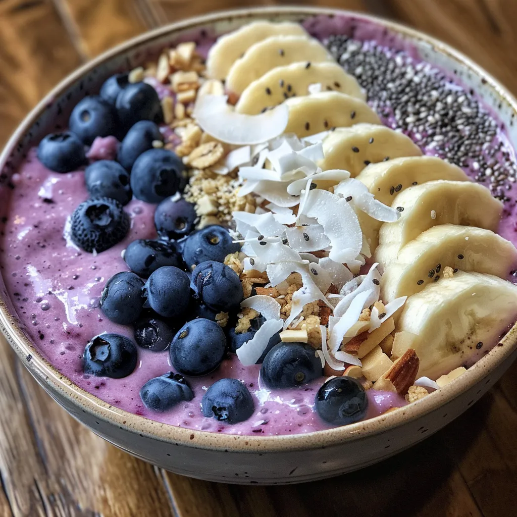Side angle shot of a creamy Blueberry Coconut Smoothie Bowl with shredded coconut and banana slices.