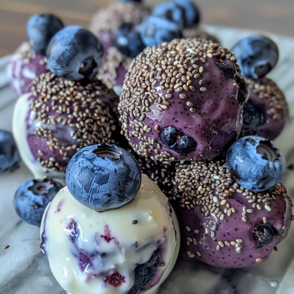 Side view image of delicious Blueberry Greek Yogurt Bites with vibrant blueberries.