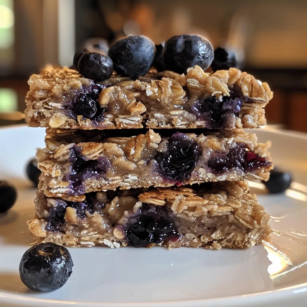 Side view of baked blueberry oat bars showcasing blueberries and oats.