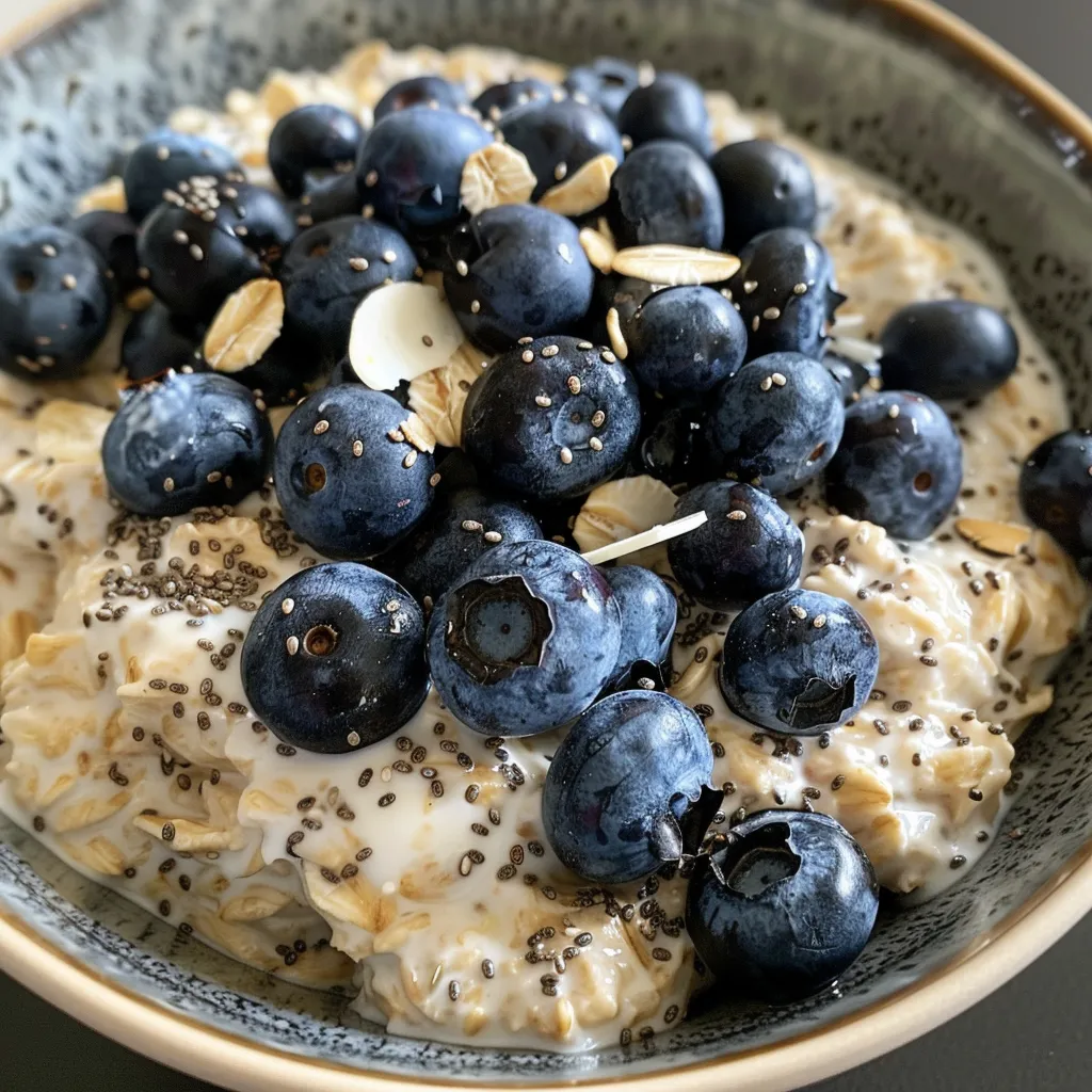 Side view of a colorful bowl filled with Blueberry Overnight Oats topped with fresh blueberries and yogurt.