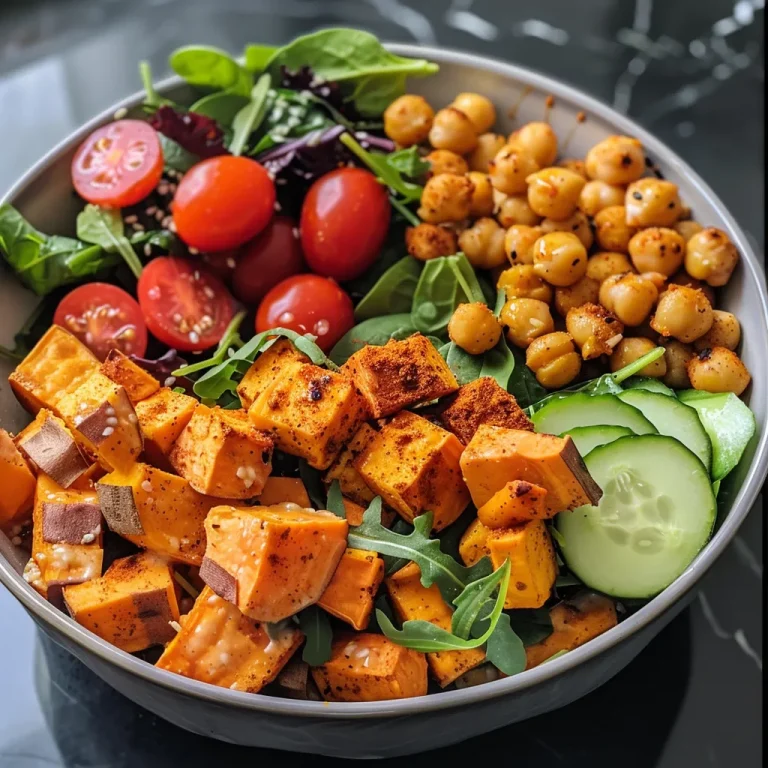 Wholesome Adventures in a Bowl The Sweet Potato and Chickpea Delight Close-up of a vibrant Buddha bowl filled with sweet potatoes, chickpeas, greens, and colorful vegetables.