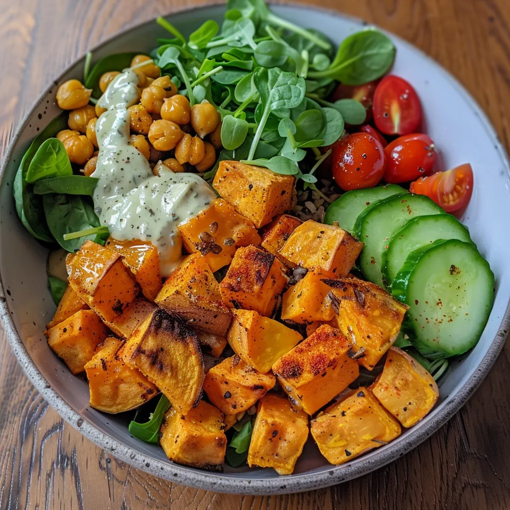 A side view of a beautifully arranged Buddha bowl showcasing roasted sweet potatoes, chickpeas, and fresh greens.