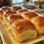 Golden brown buttermilk and butter dinner rolls stacked on a rustic wooden surface.