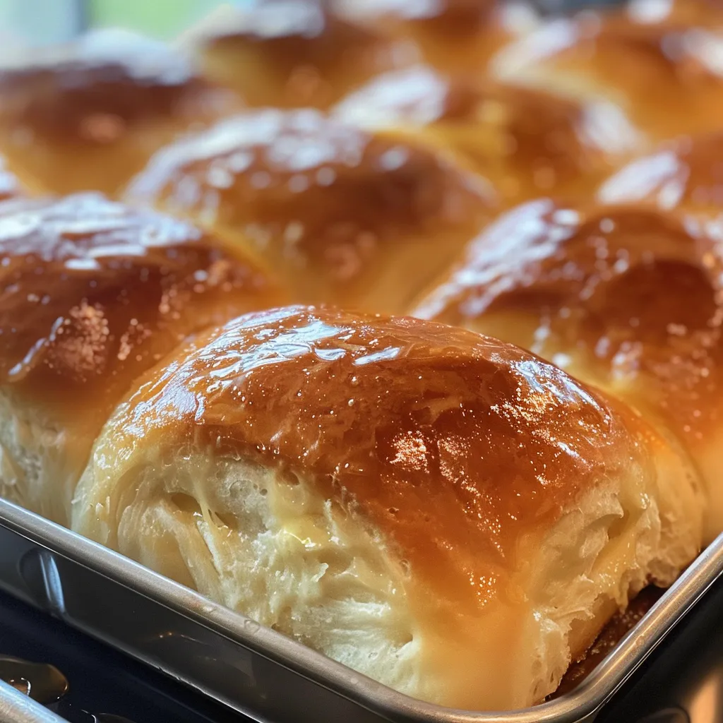 A close-up side view of freshly baked, fluffy dinner rolls glistening with butter.