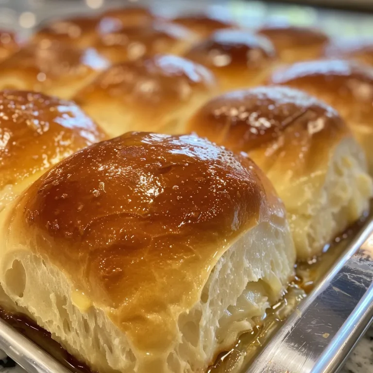 Close-up view of golden, fluffy buttermilk dinner rolls with a crackled top.