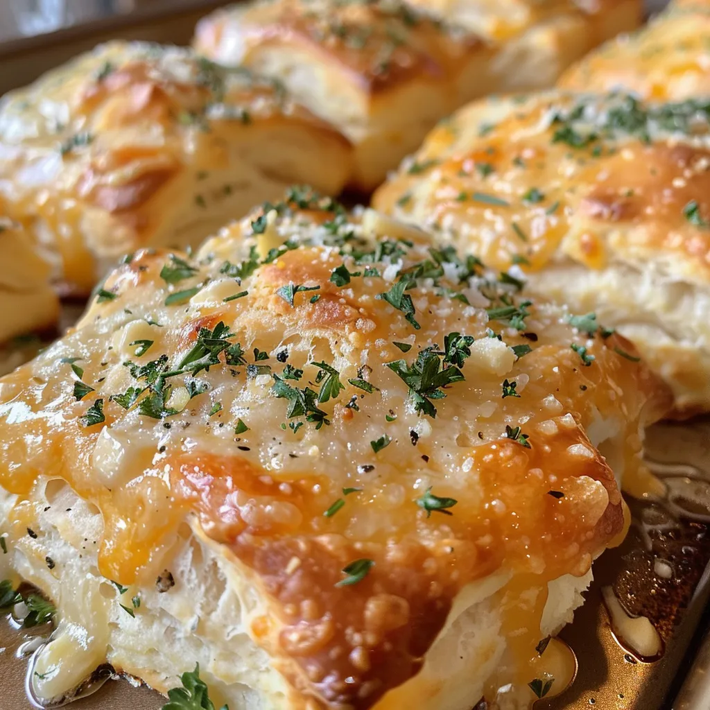 Side view of freshly baked garlic cheddar biscuits, showing a flaky texture and cheesy filling.