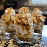 Close-up view of caramel banana pudding cups topped with whipped cream and banana slices.