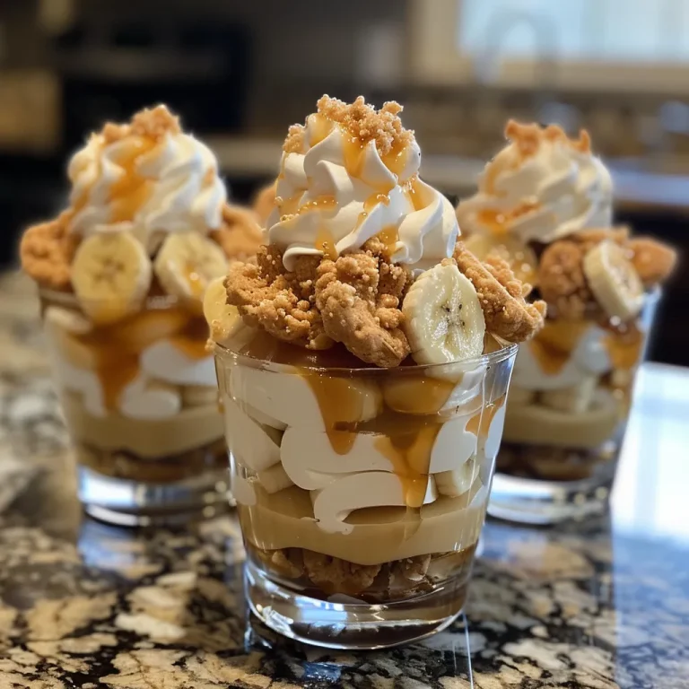 Savoring Sweet Memories The Caramel Banana Pudding Cups That Transport Me Close-up view of caramel banana pudding cups topped with whipped cream and banana slices.