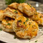 Close-up view of golden Cheddar Garlic Biscuits, showcasing their flaky texture.