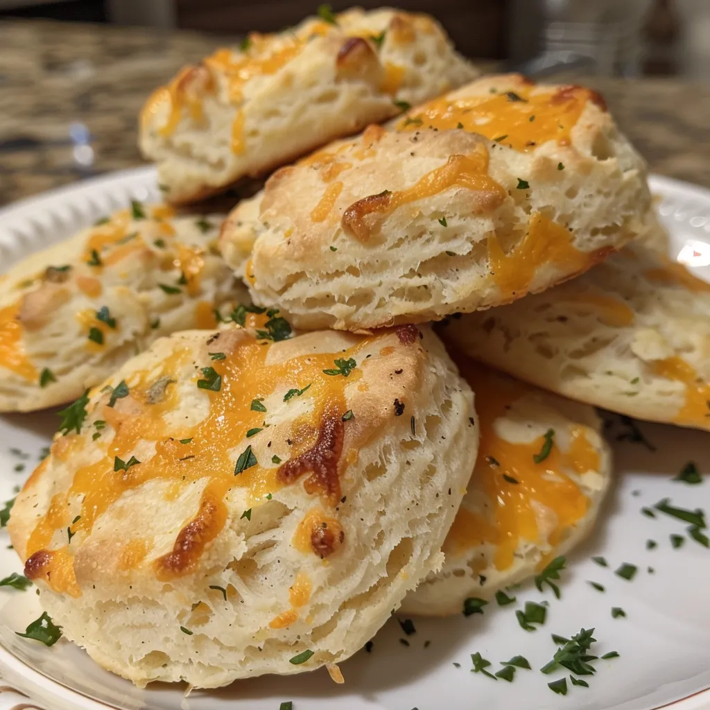 Juicy Cheddar Garlic Biscuits with melted cheese and a buttery finish, side view.