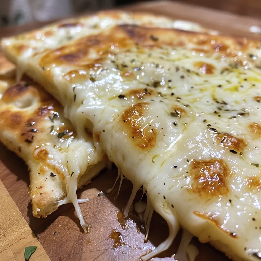 Side view of a golden-brown flatbread stuffed with gooey cheese.