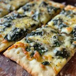 Close-up of cheesy spinach flatbread squares on a wooden board.