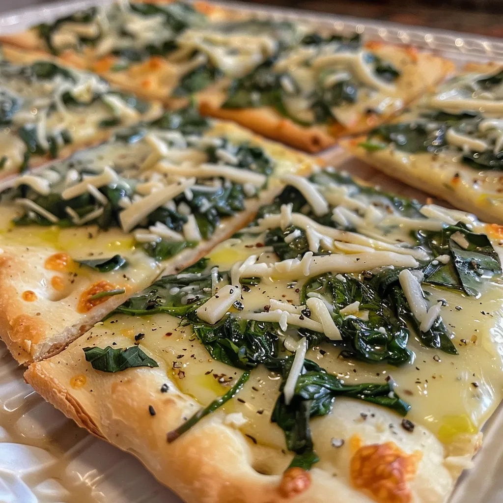 Side view of delicious cheesy spinach flatbread garnished with fresh spinach.