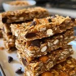 Close-up view of chewy granola bars with chocolate chips and an oat texture.