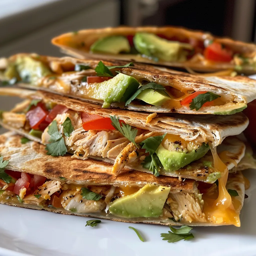 Side view of chicken avocado quesadillas, showcasing the fillings and crispy tortilla.