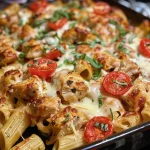 A close-up side view of Chicken Caprese Pasta Casserole with melted cheese and fresh basil.