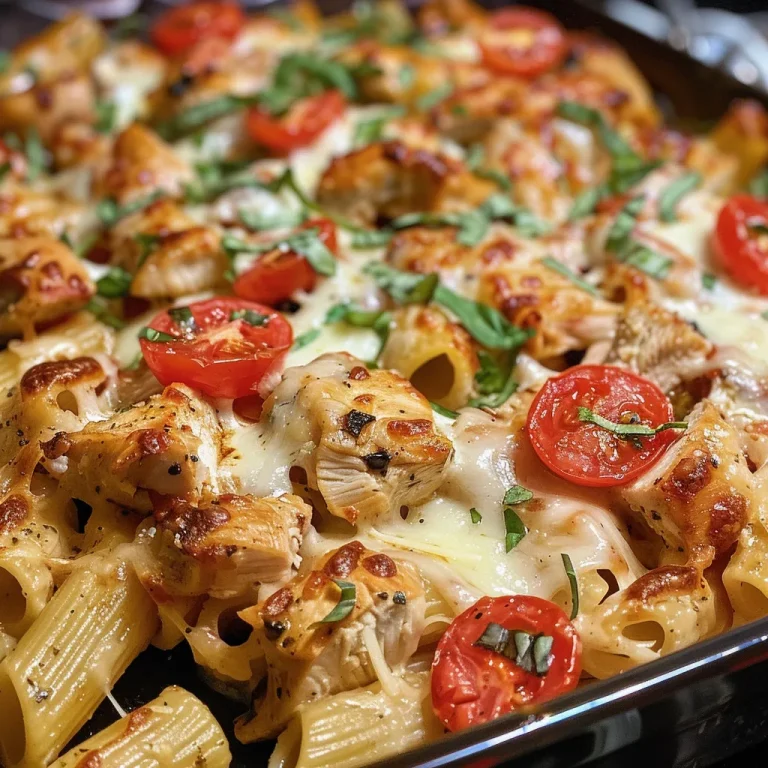 A close-up side view of Chicken Caprese Pasta Casserole with melted cheese and fresh basil.