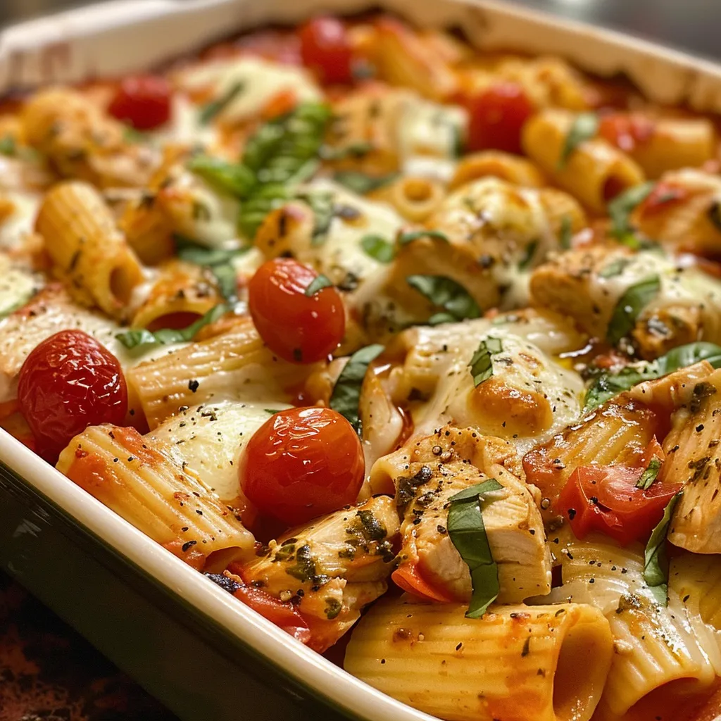 Juicy Chicken Caprese Pasta Casserole topped with mozzarella and grape tomatoes in a baking dish.