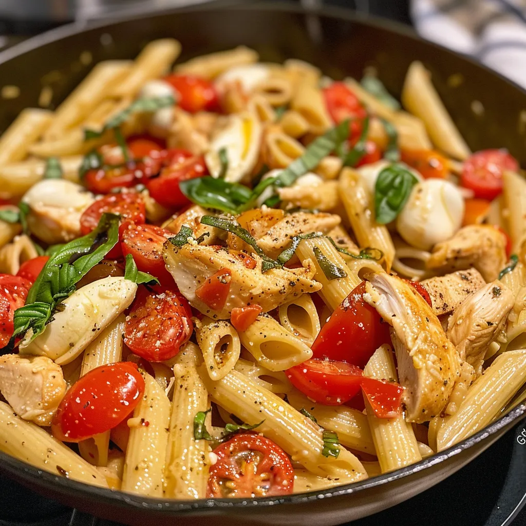 Close-up of a Chicken Caprese Pasta Skillet with vibrant cherry tomatoes and fresh basil.