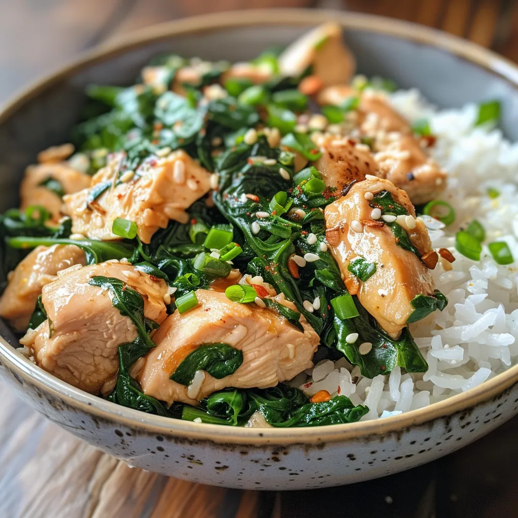 Side view of a colorful Chicken Spinach Rice Bowl with tender chicken, fresh spinach, and rice.