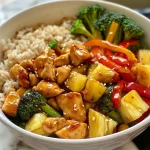 A close-up view of chicken stir fry served in a pineapple bowl, showcasing vibrant colors and textures.