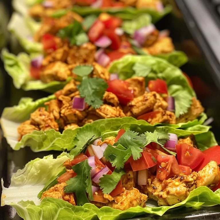 Adventurous Bites Discovering the Joy of Chicken Taco Lettuce Wraps Close-up of juicy chicken taco lettuce wraps with colorful toppings.