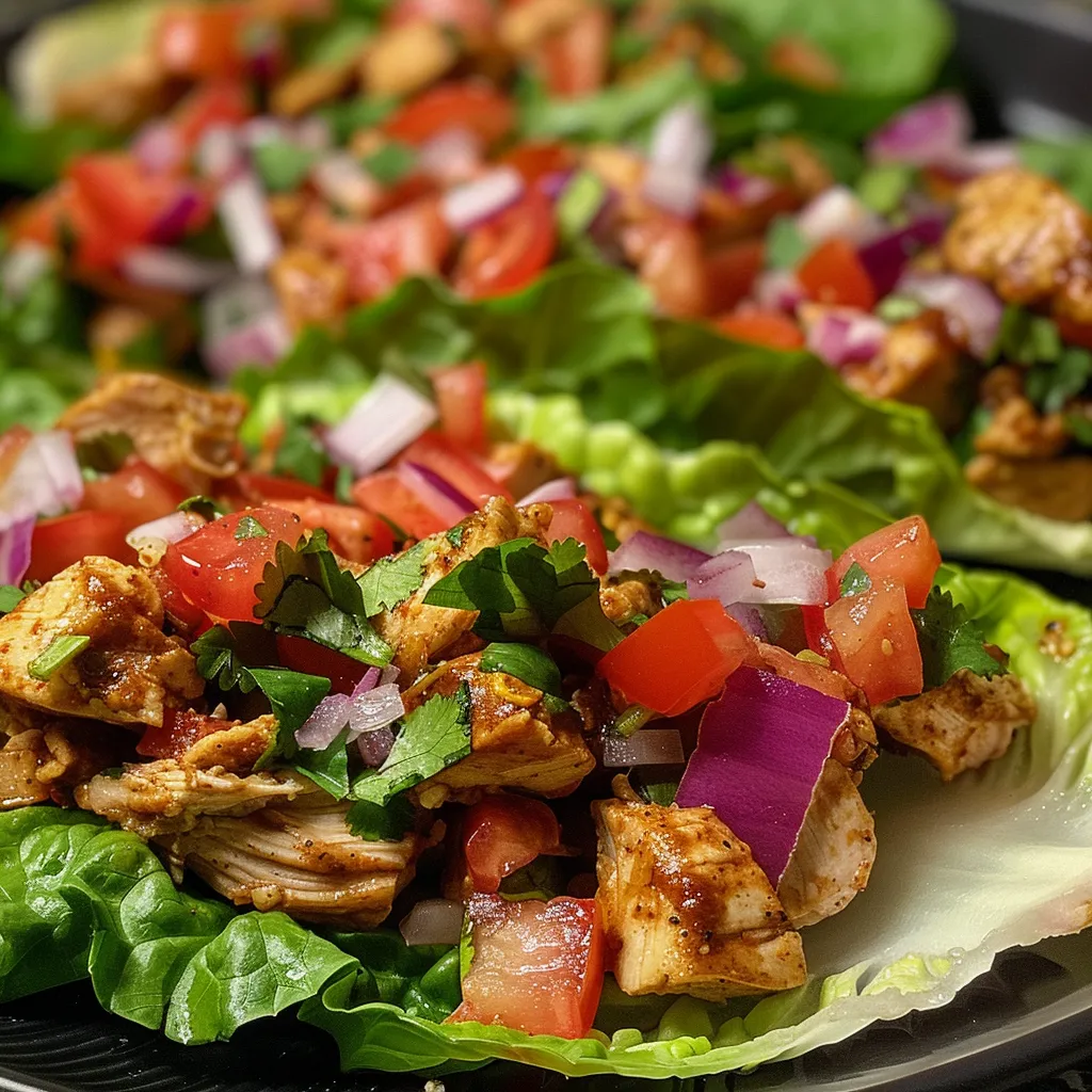 Side view of a fresh chicken taco lettuce wrap on a plate.