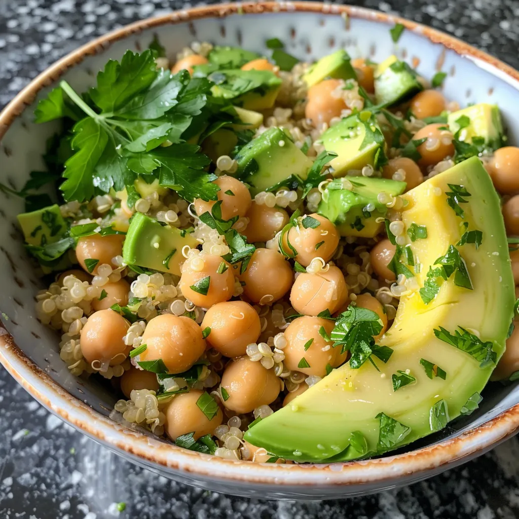 Close-up view of a Chickpea and Quinoa Power Bowl with vibrant green avocado.