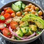 A vibrant bowl filled with quinoa, chickpeas, avocado, cherry tomatoes, cucumber, and red onion.