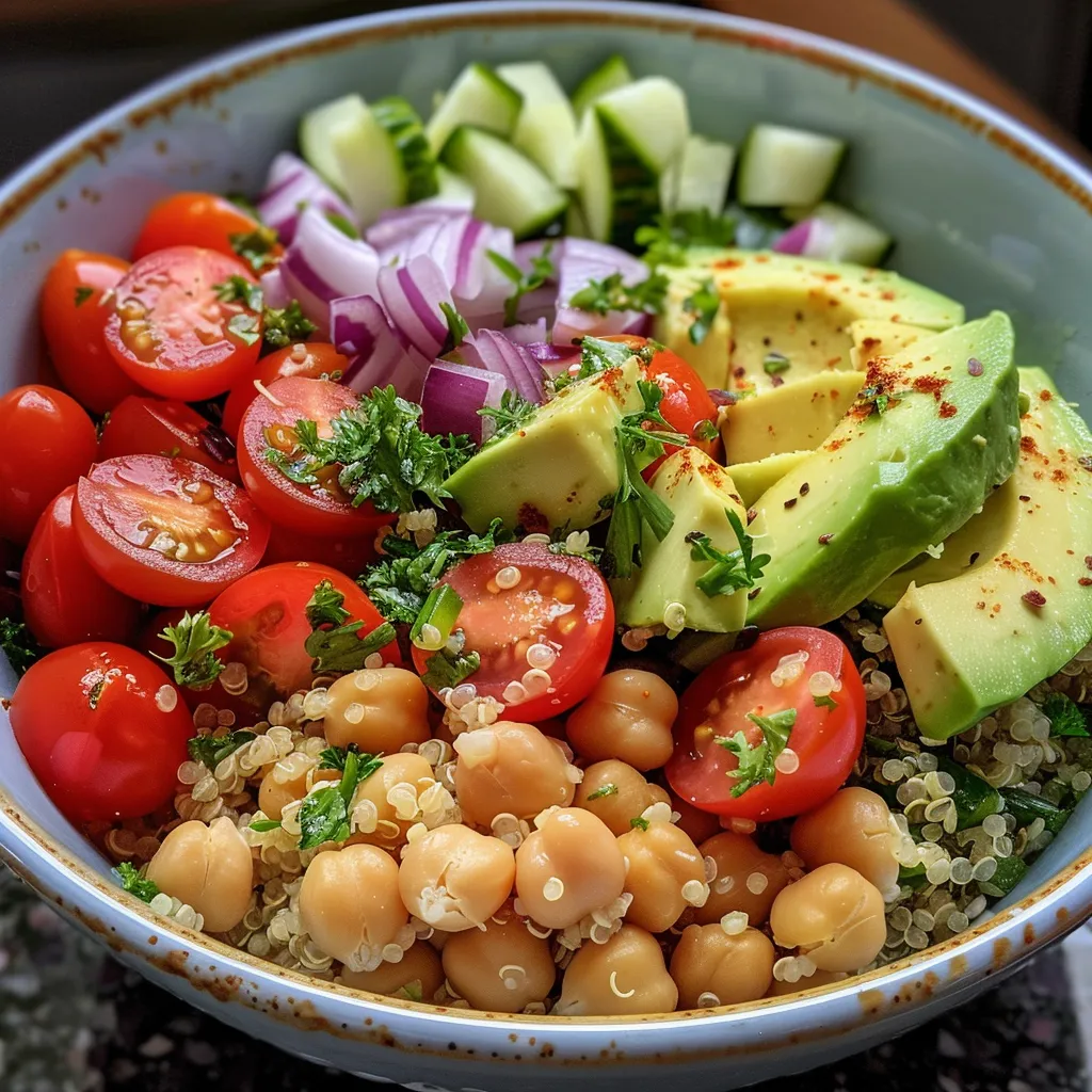 Close-up of a colorful summer bowl featuring chickpeas, diced avocado, and fresh vegetables.