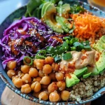 A close-up view of a vibrant chickpea quinoa bowl filled with mixed greens, sliced avocados, and garnished with black sesame seeds.